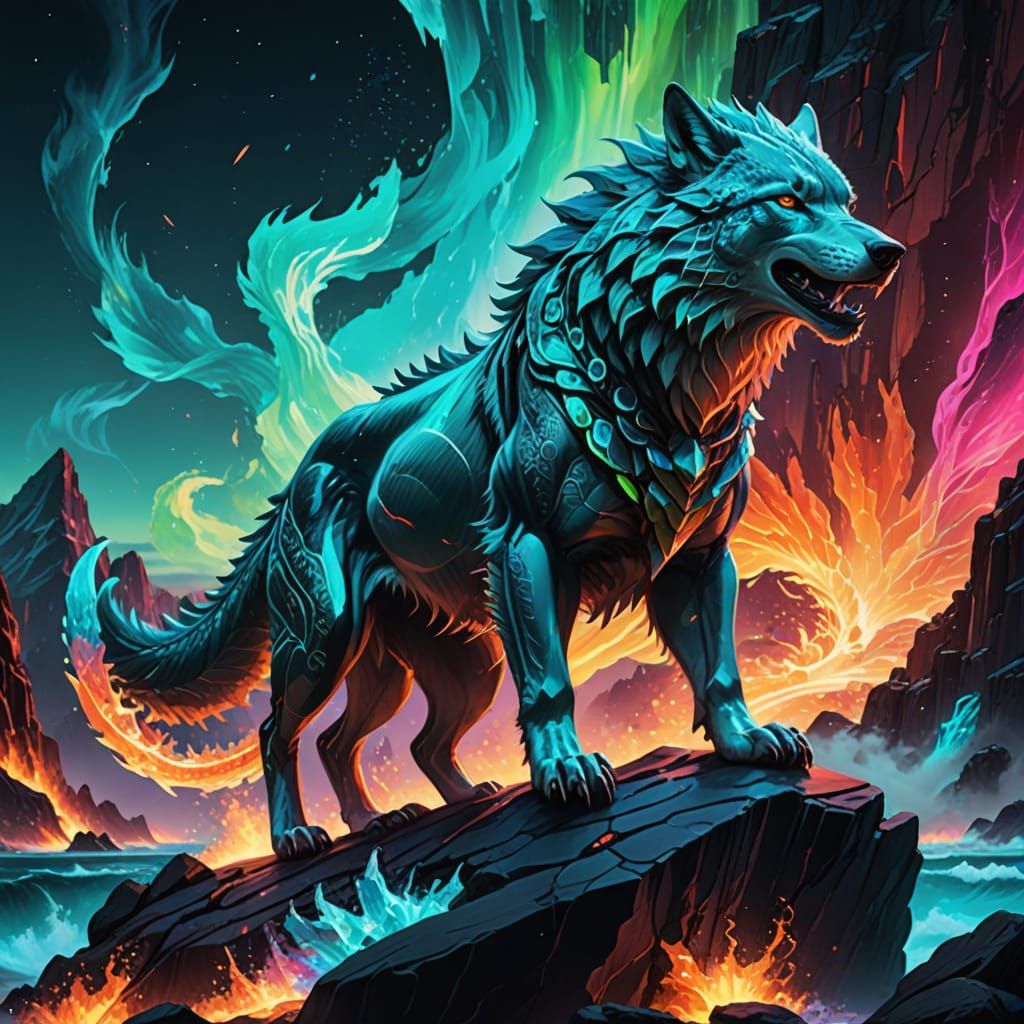 Warrior Summons Fire Dragon in Neon Fantasy Art
