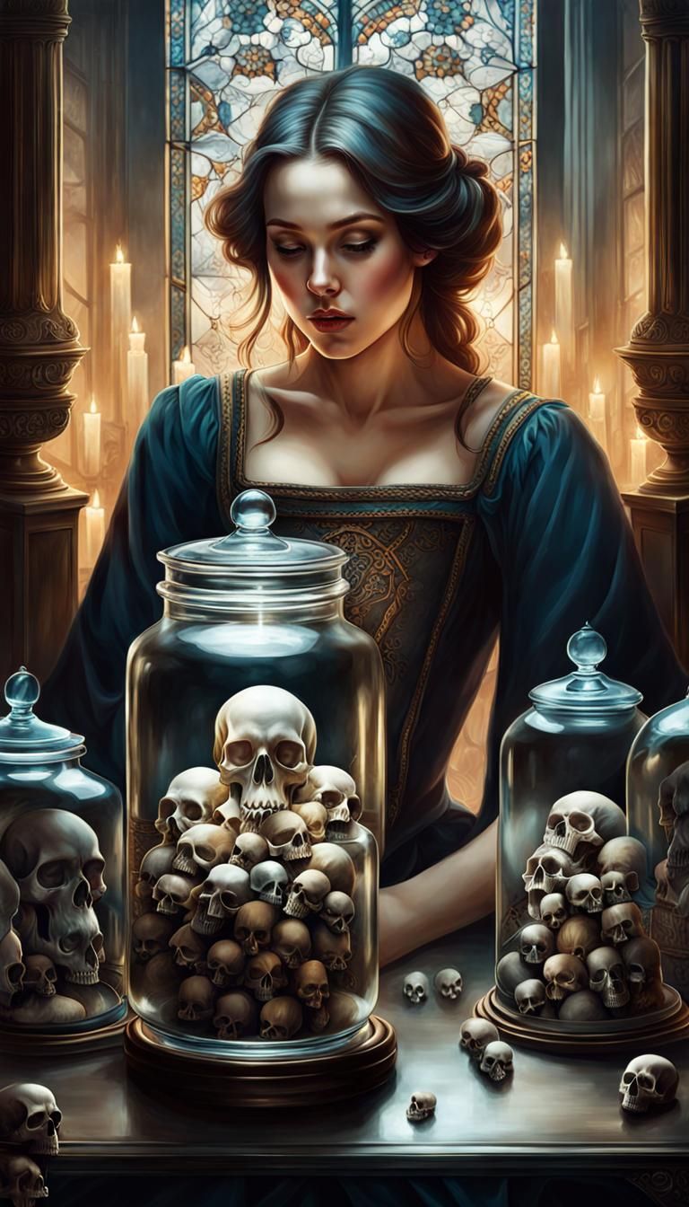 Girl Opens Jar of Bones: Dark Fantasy Portrait