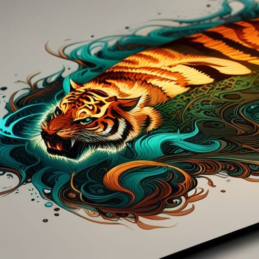 Bioluminescent Tiger with Luminous Colors and Golden Outline...
