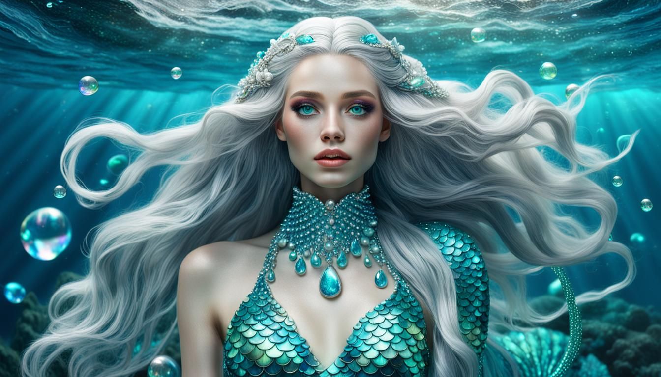 Glistening Mermaid in Teal Scales, 8k 3D Image