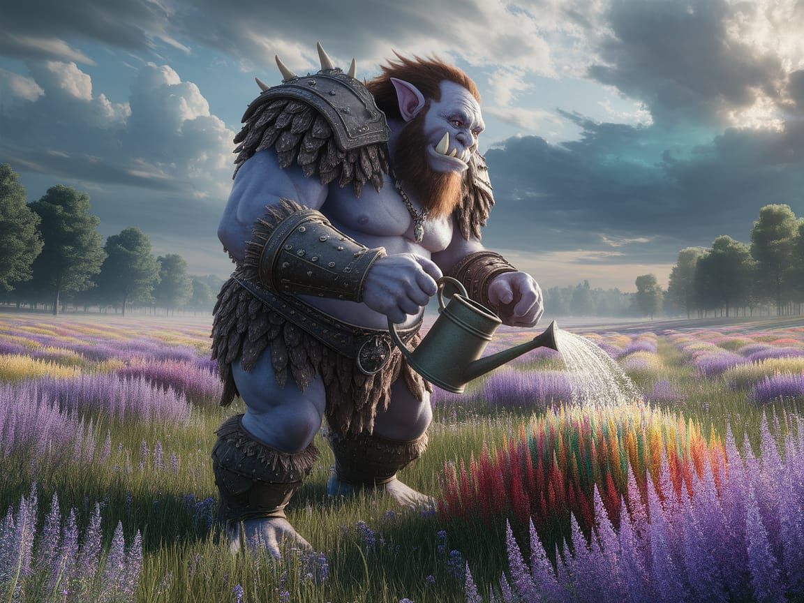 Ogre in Flower Meadow, Art Nouveau Digital Painting