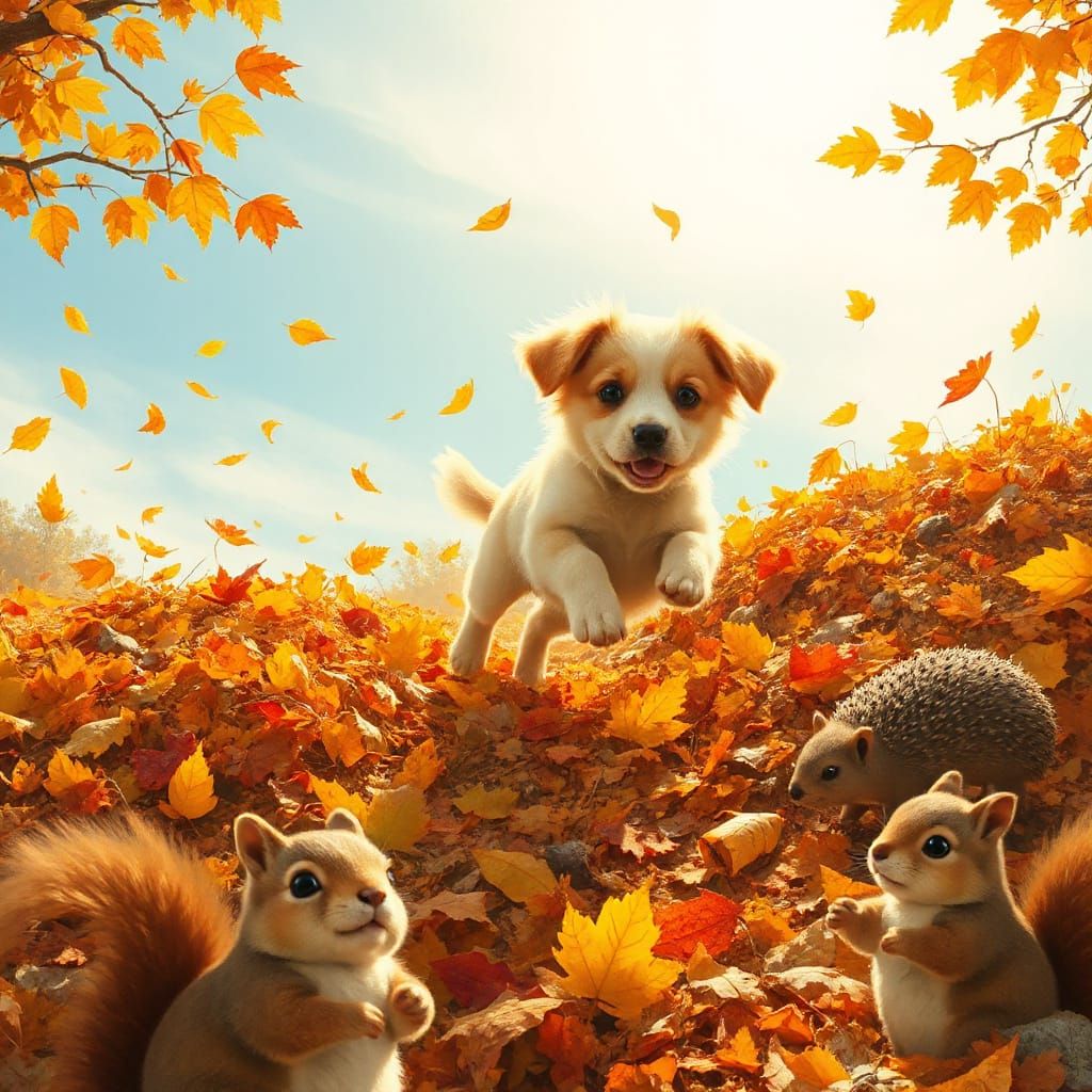 Joyful Autumn Scene With Puppy and Woodland Creatures