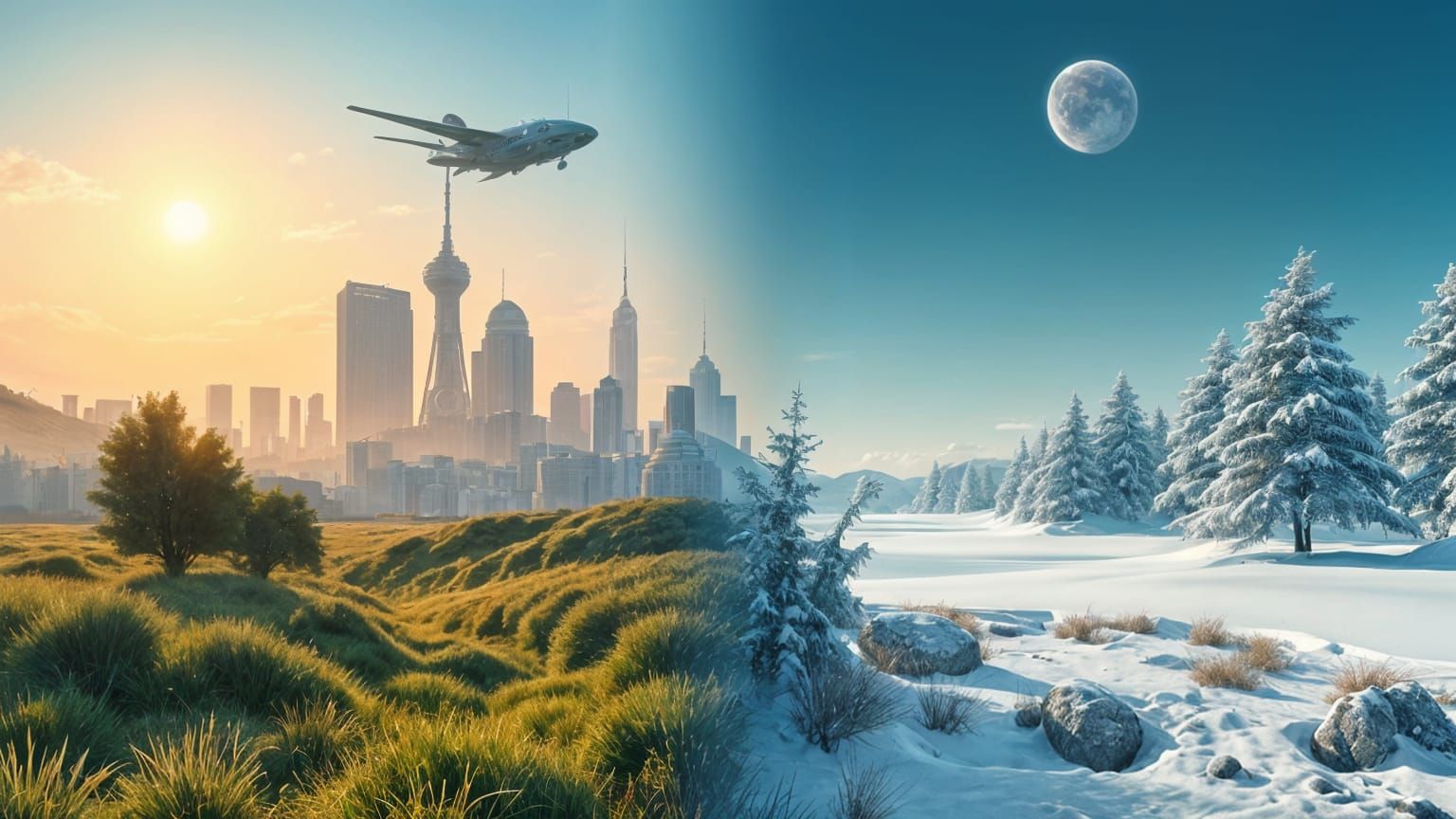 Summer and Winter Split Screen Aetherpunk Sketch