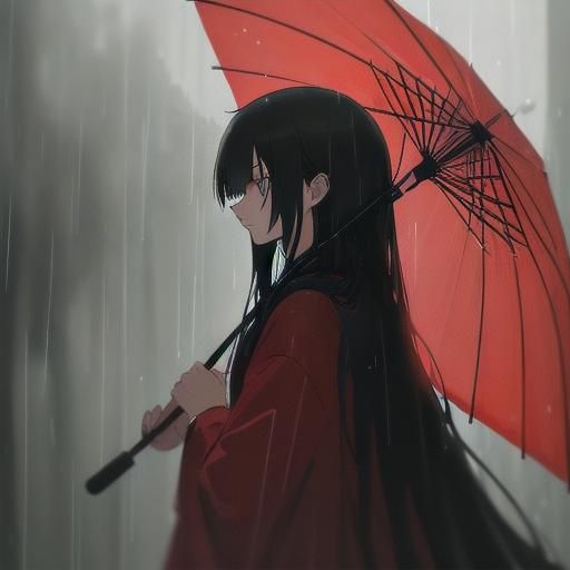 Anime Girl in Red Raincoat with Umbrella