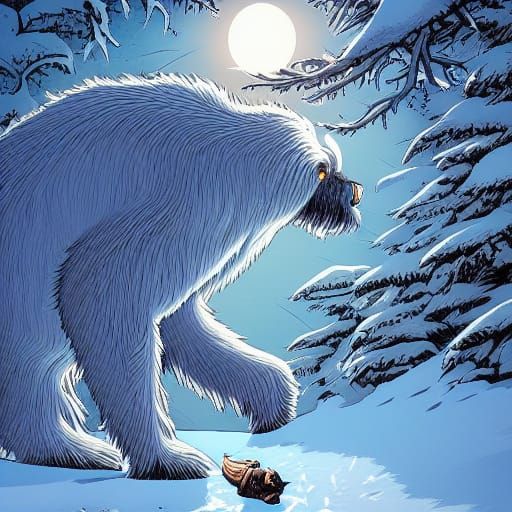 Yeti on Snowy Mountains in Comic Book Style