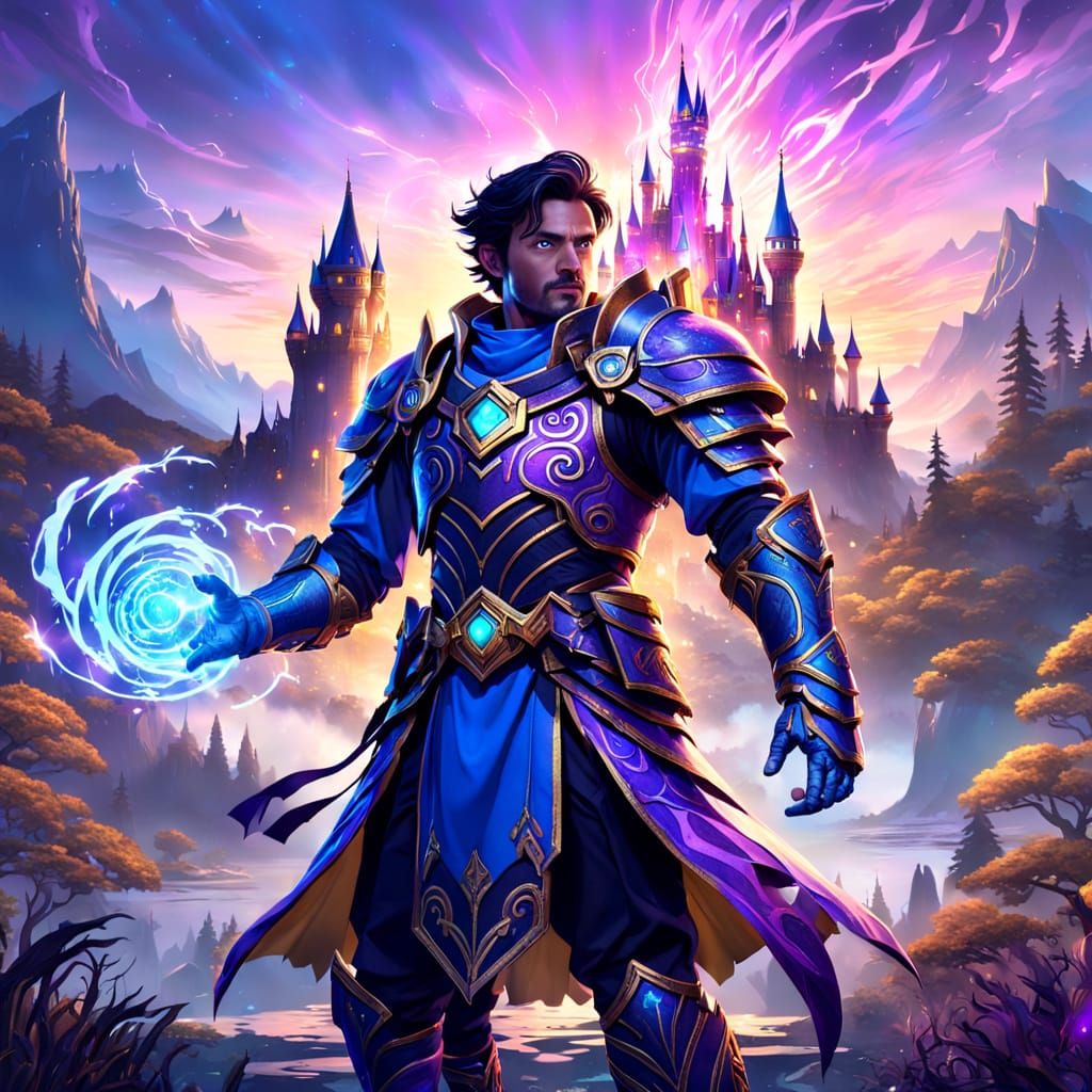 Epic Fantasy Hero in Radiant Armor at Enchanted Castle