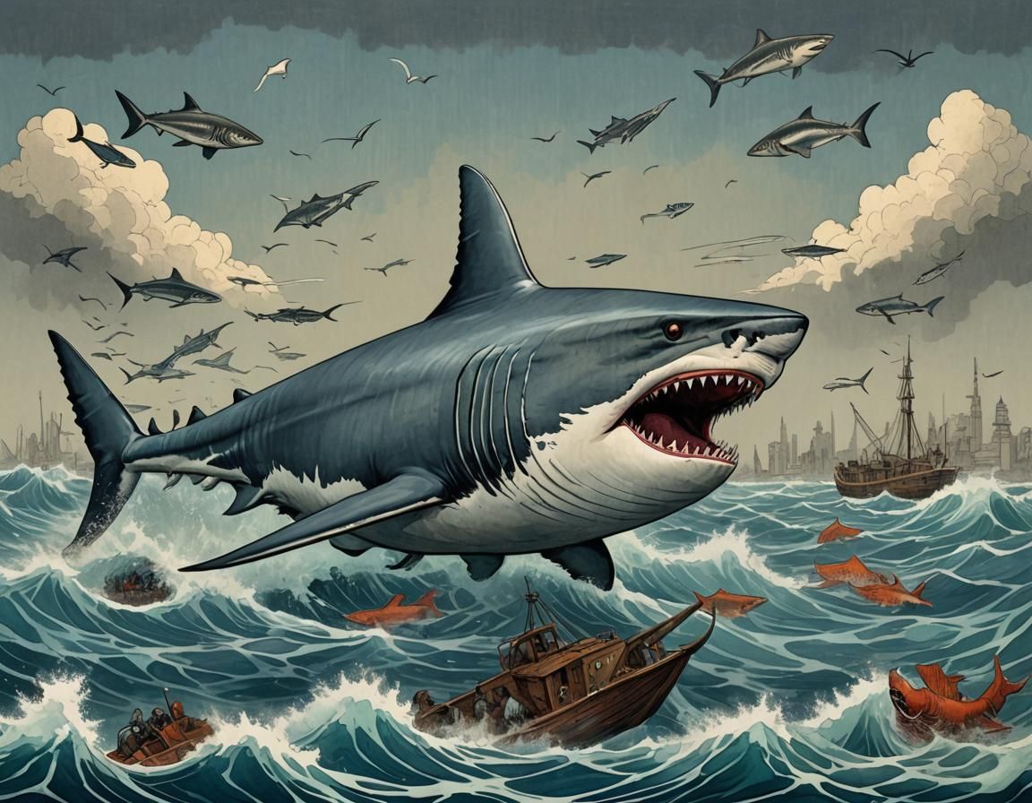 Majestic and lethal huge shark with its mouth half open looking for prey among fish that swim next to it in the depths o...