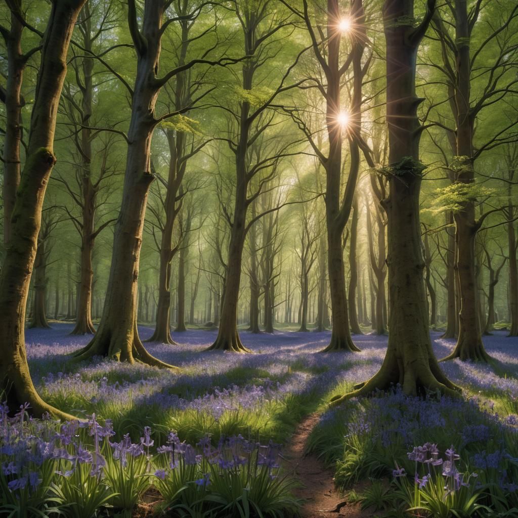 Bluebell Woodland: Sunlit Fantasy Landscape