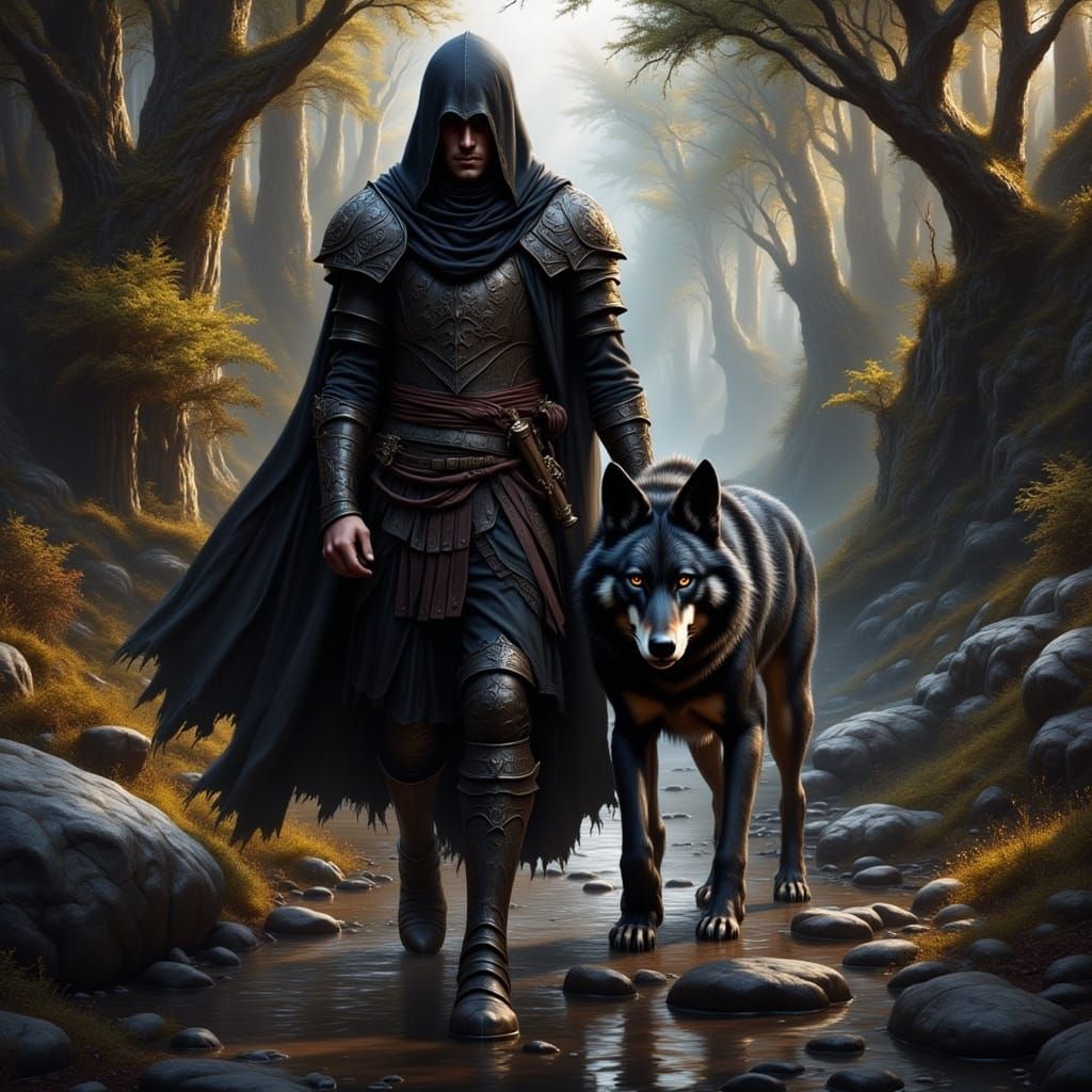 Fantasy Warrior and Wolf in Golden Hour Light