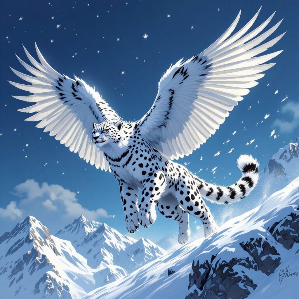 Winged Snow Leopard Eagle Hybrid in Comic Art Style