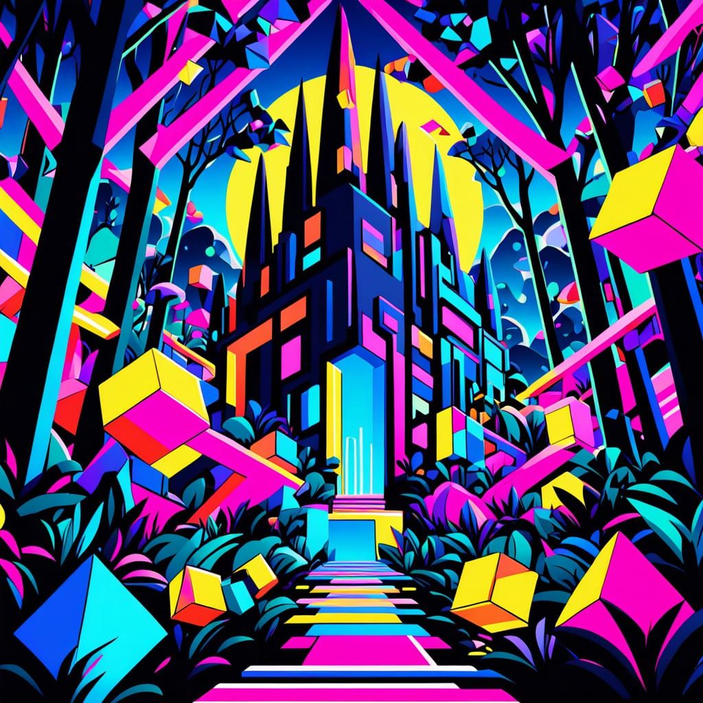 Cubist Creature Embarks on Surreal Forest Odyssey