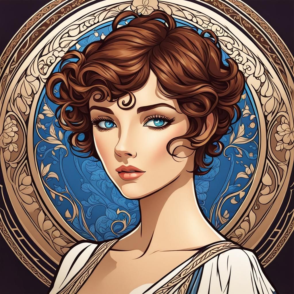 Cute Woman in Mucha Style Drawing