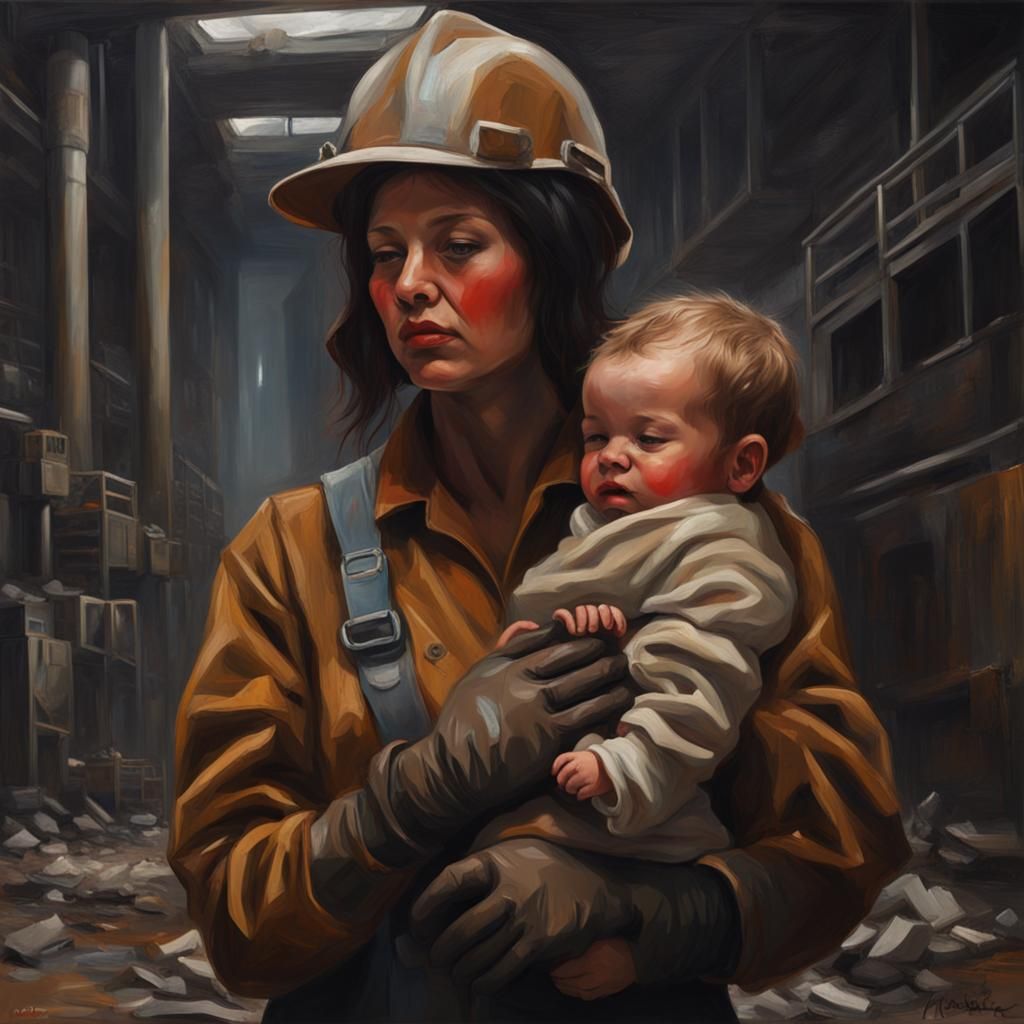 Despairing Mother and Child in Industrial Dystopia Oil Paint...