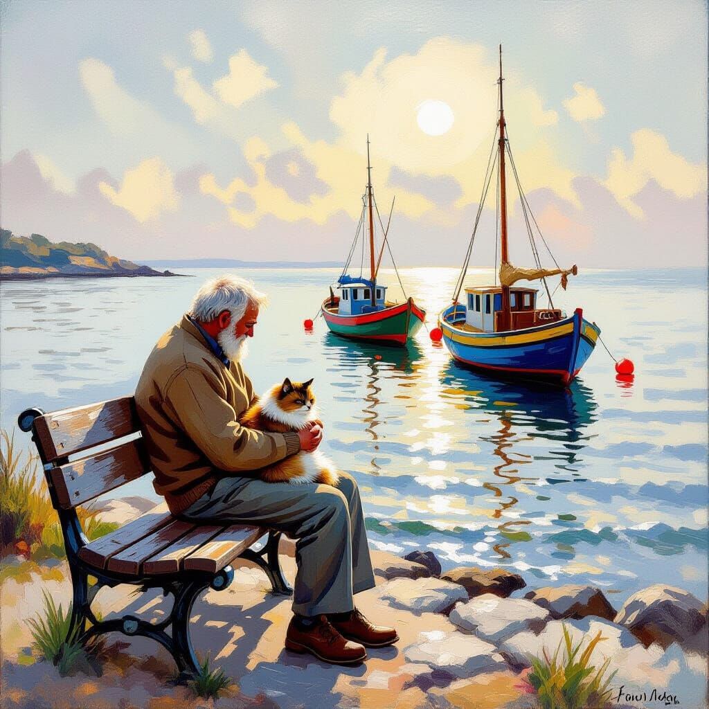 Old Man with Cat on Bench by Sea, Impressionist Oil Painting