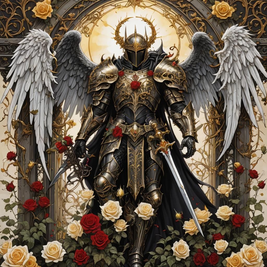 High Gothic Knight with Angel Wings in Dark Comic Style