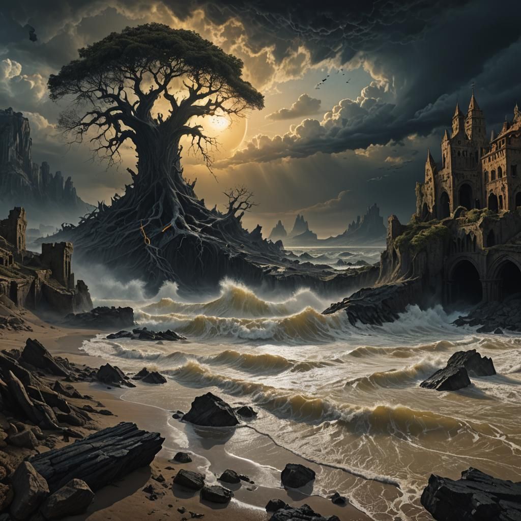 Black Sun Tidal Wave in Dark Fantasy Style