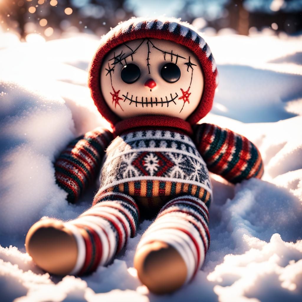Voodoo Doll Sunbathing in Winter Wonderland