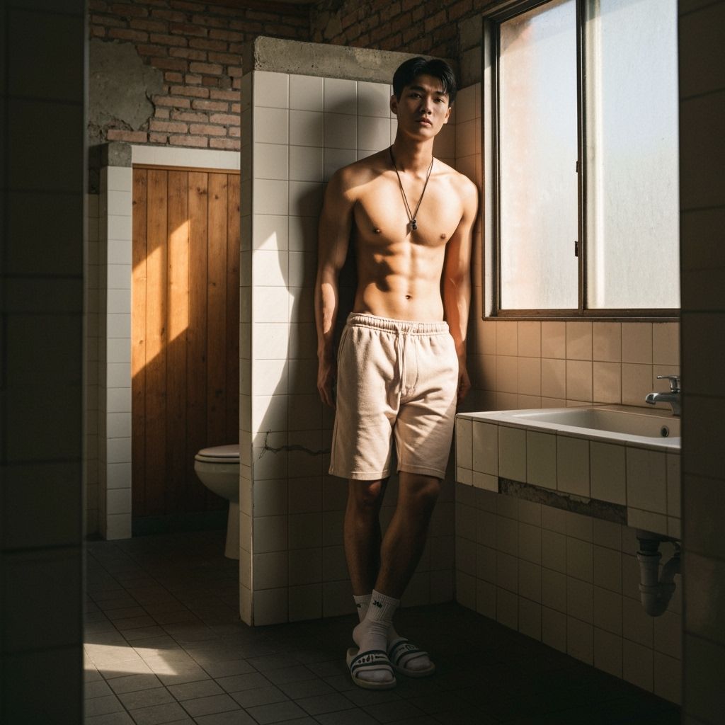 Muscular Asian Man in Raw Industrial Restroom