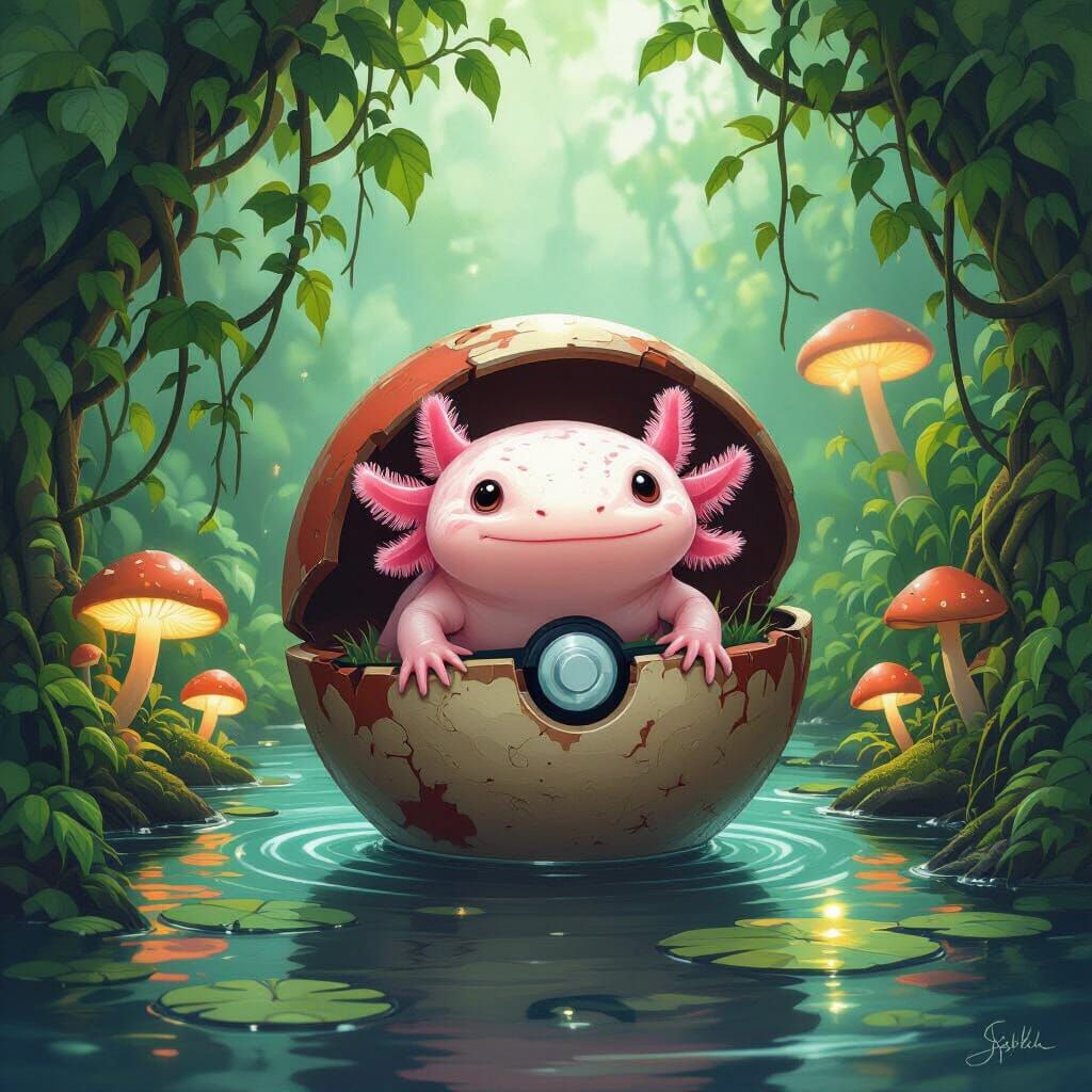 Axolotl Peeking from Pokeball in Organic Landscape