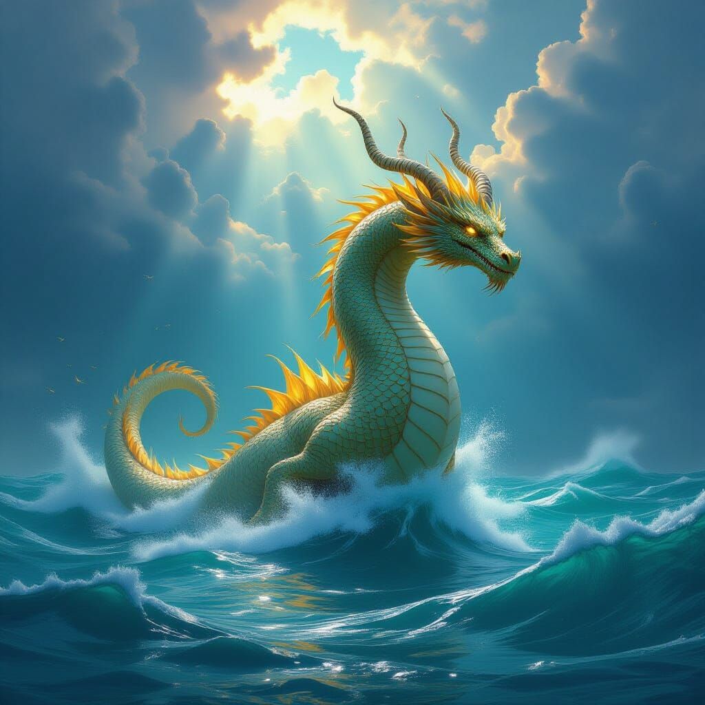 Golden Sea Drakon in Emerald Ocean Digital Matte Painting