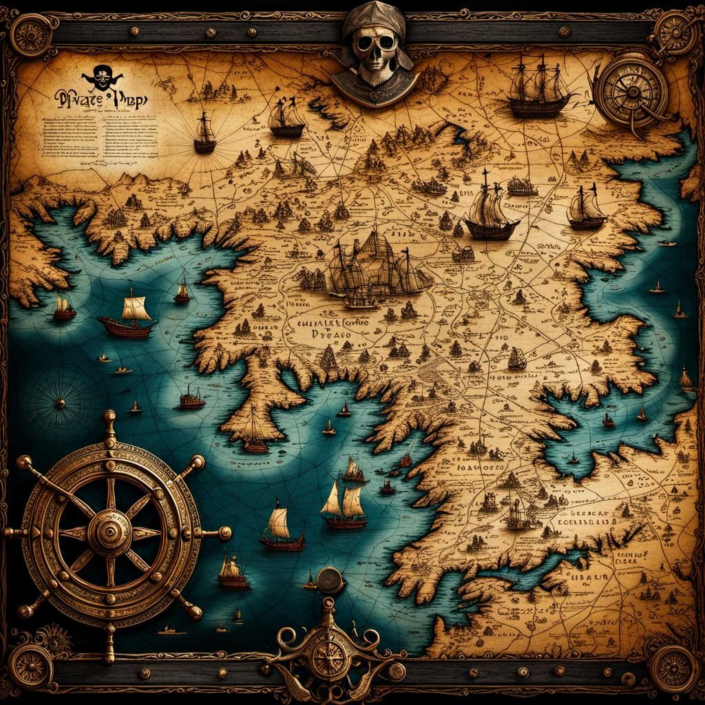 Detailed Pirate Map in Black Ink