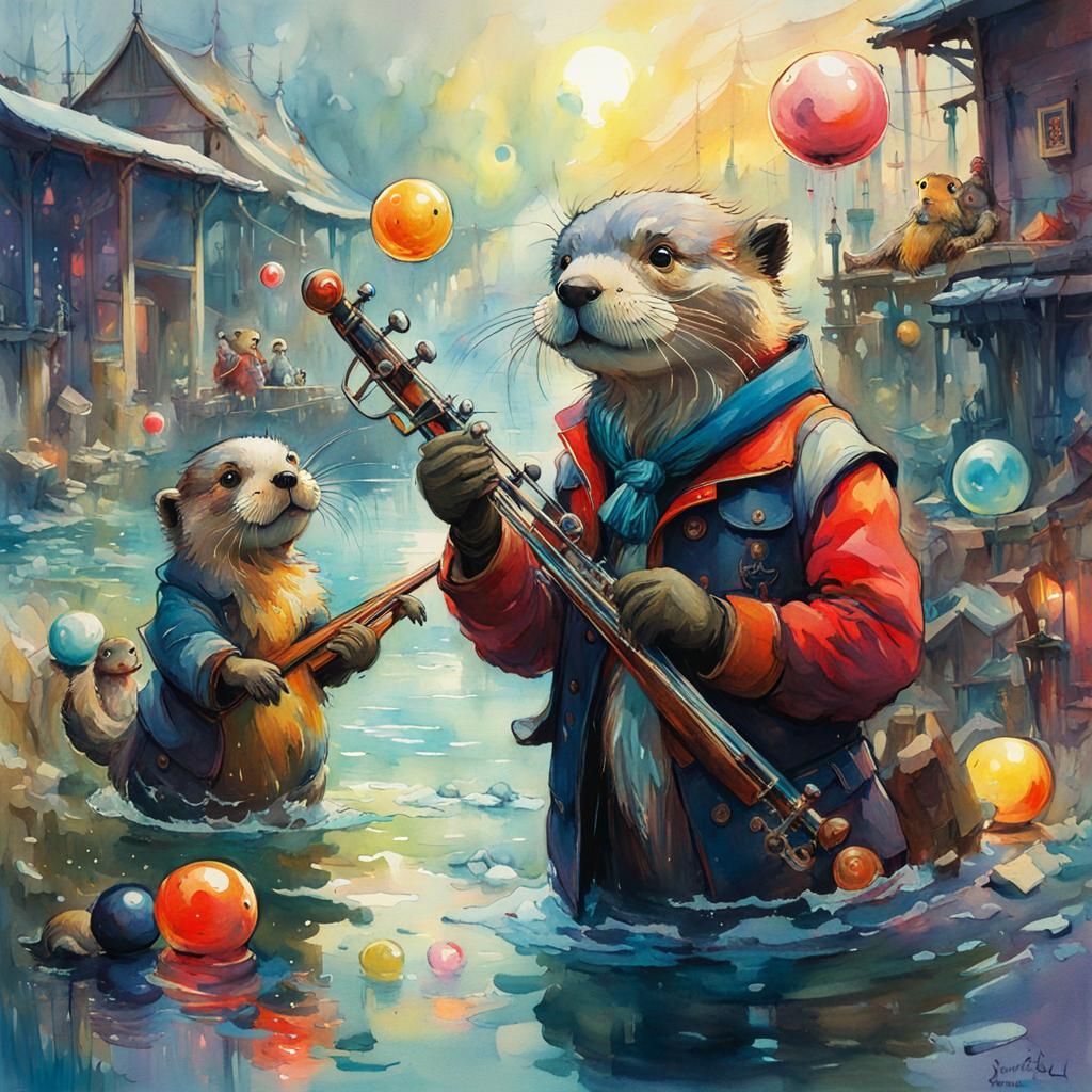 Otters Playing Waterball in Watercolour Fantasy Style
