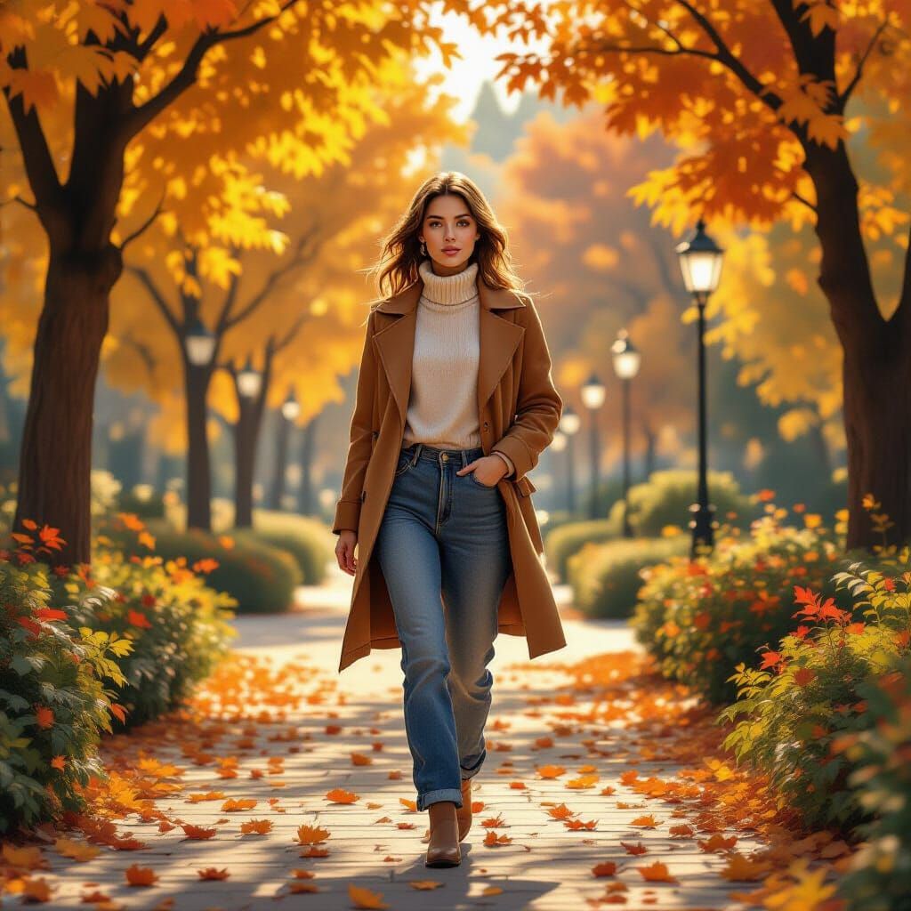 Ultra-Realistic Autumn Park Stroll by Young Woman