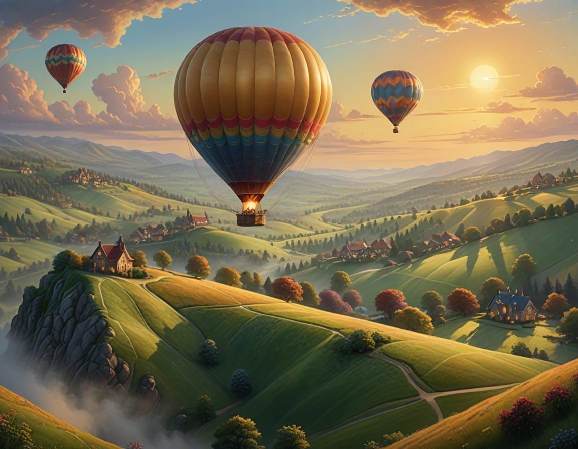Ethereal Fantasy: Hot Air Balloon Over Misty Hills