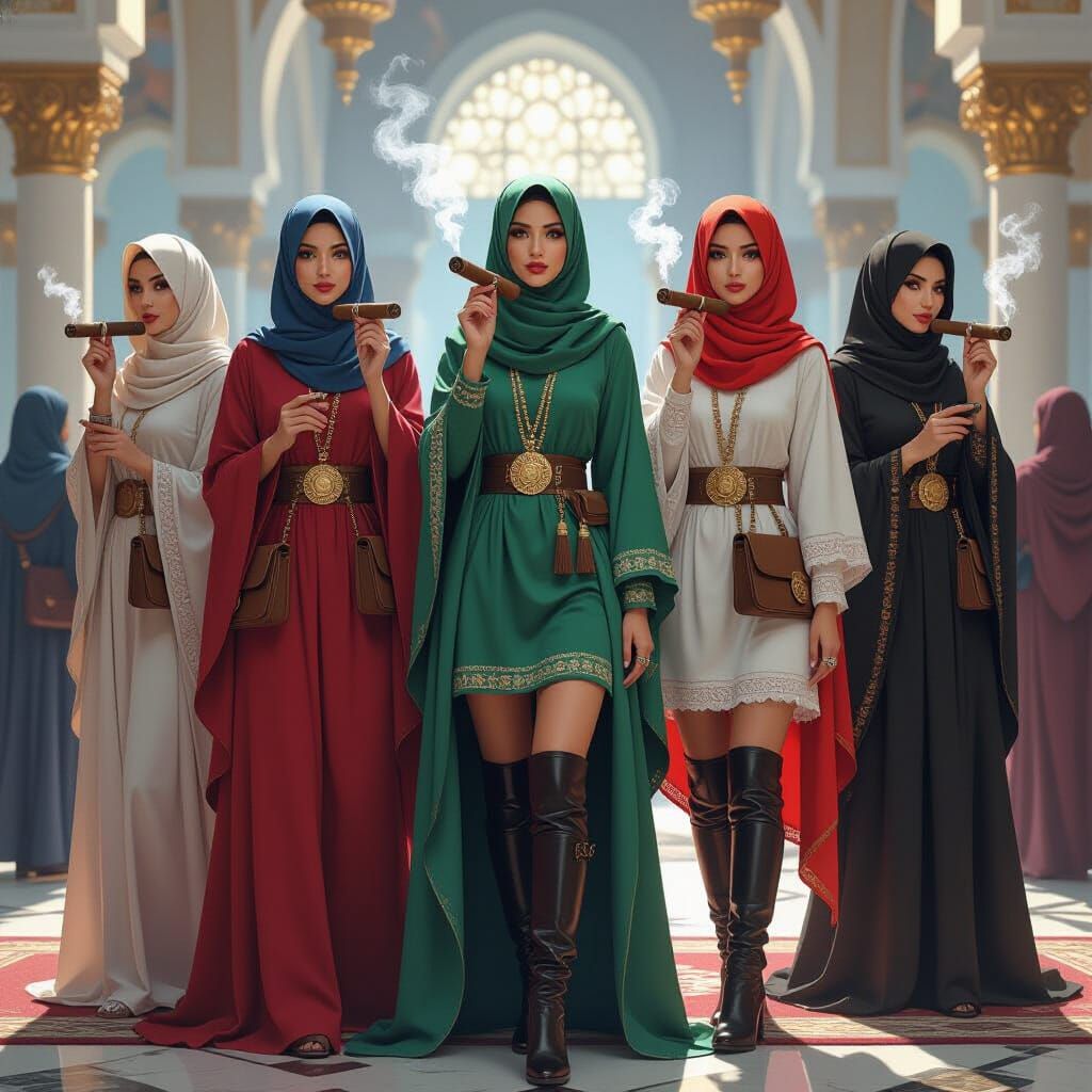 Muslim Women with Cigars in Mosque, Detailed Art Style