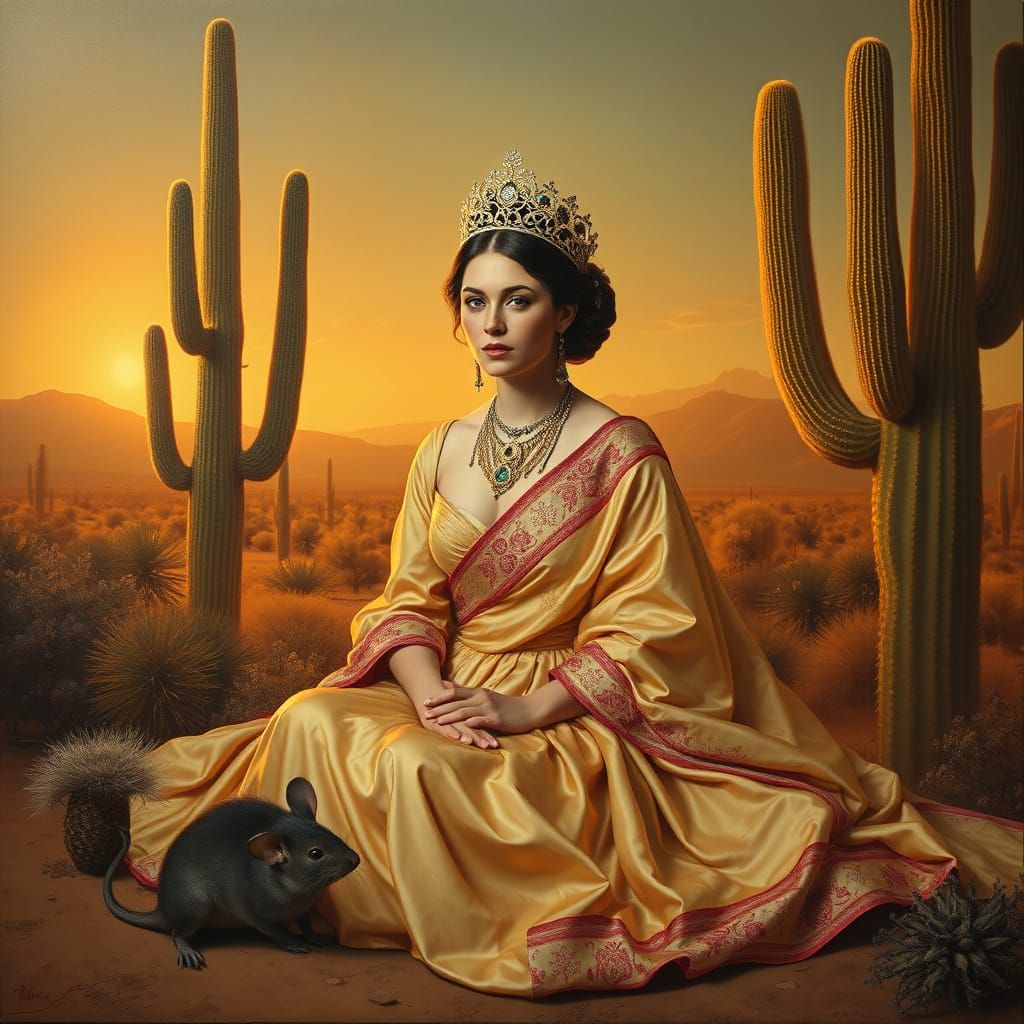 Regal Woman with Mouse in Desert Sunset: Old Master Style