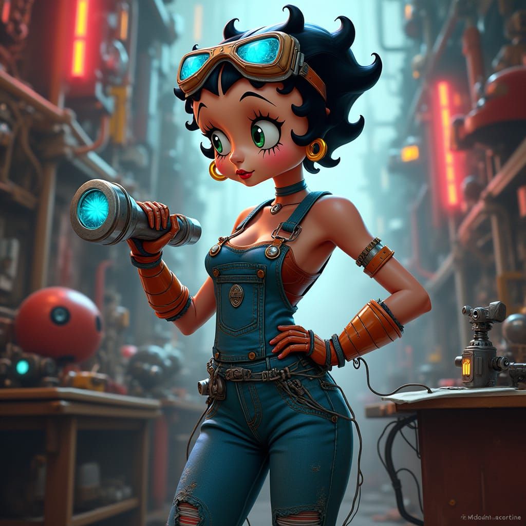Futuristic Robot Betty Boop, Neon-Lit Workshop
