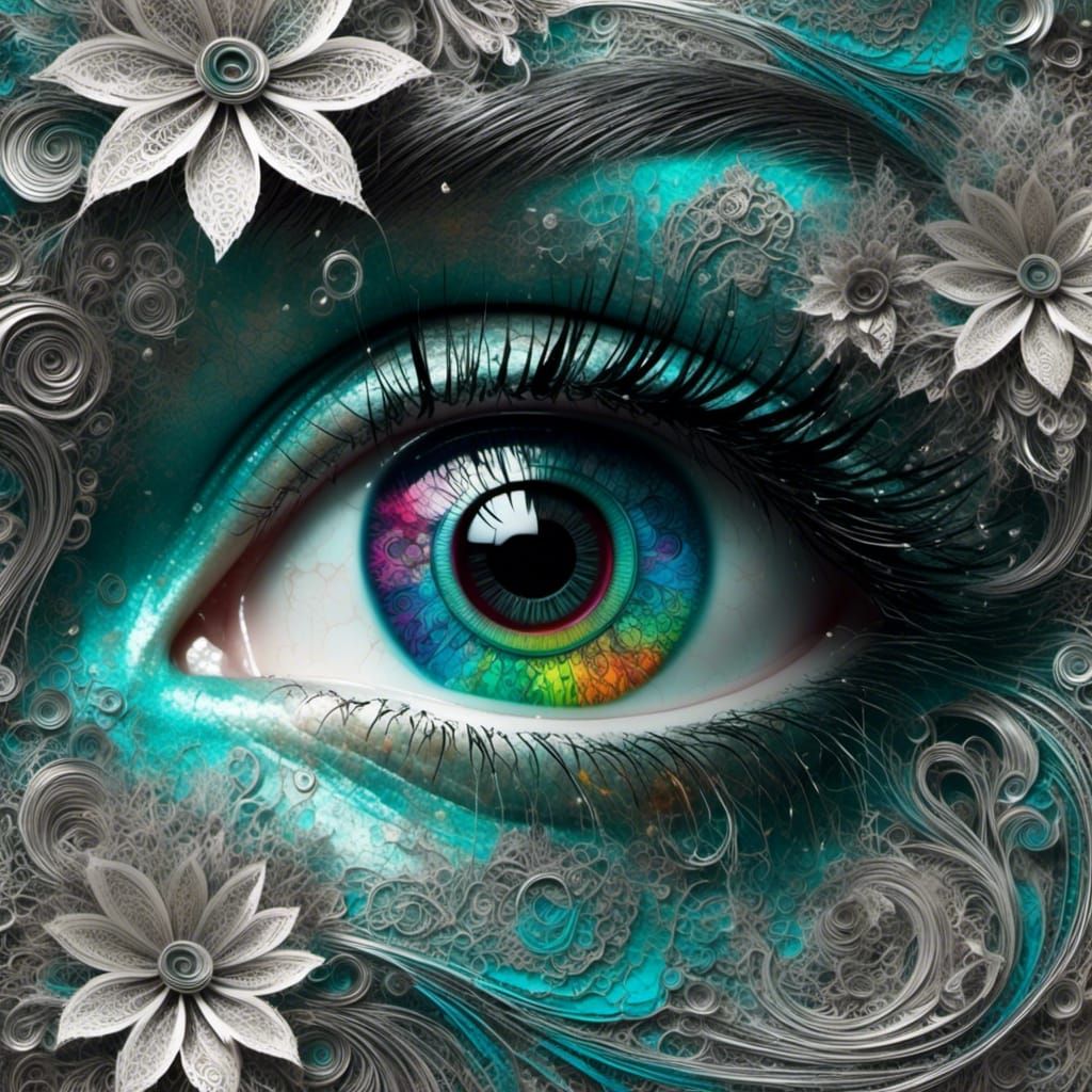 Surreal Eye with Rainbow Lace Flowers