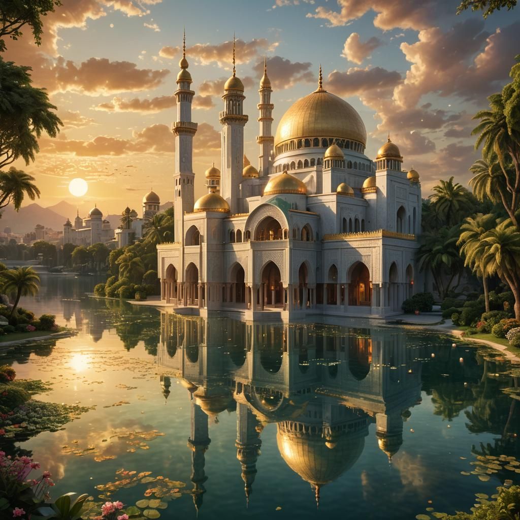 Grand Mosque with Golden Domes in Fantasy Art