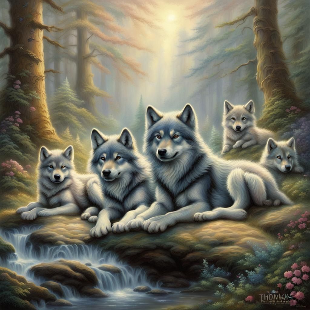 Wolf Family Resting in Ethereal Landscape