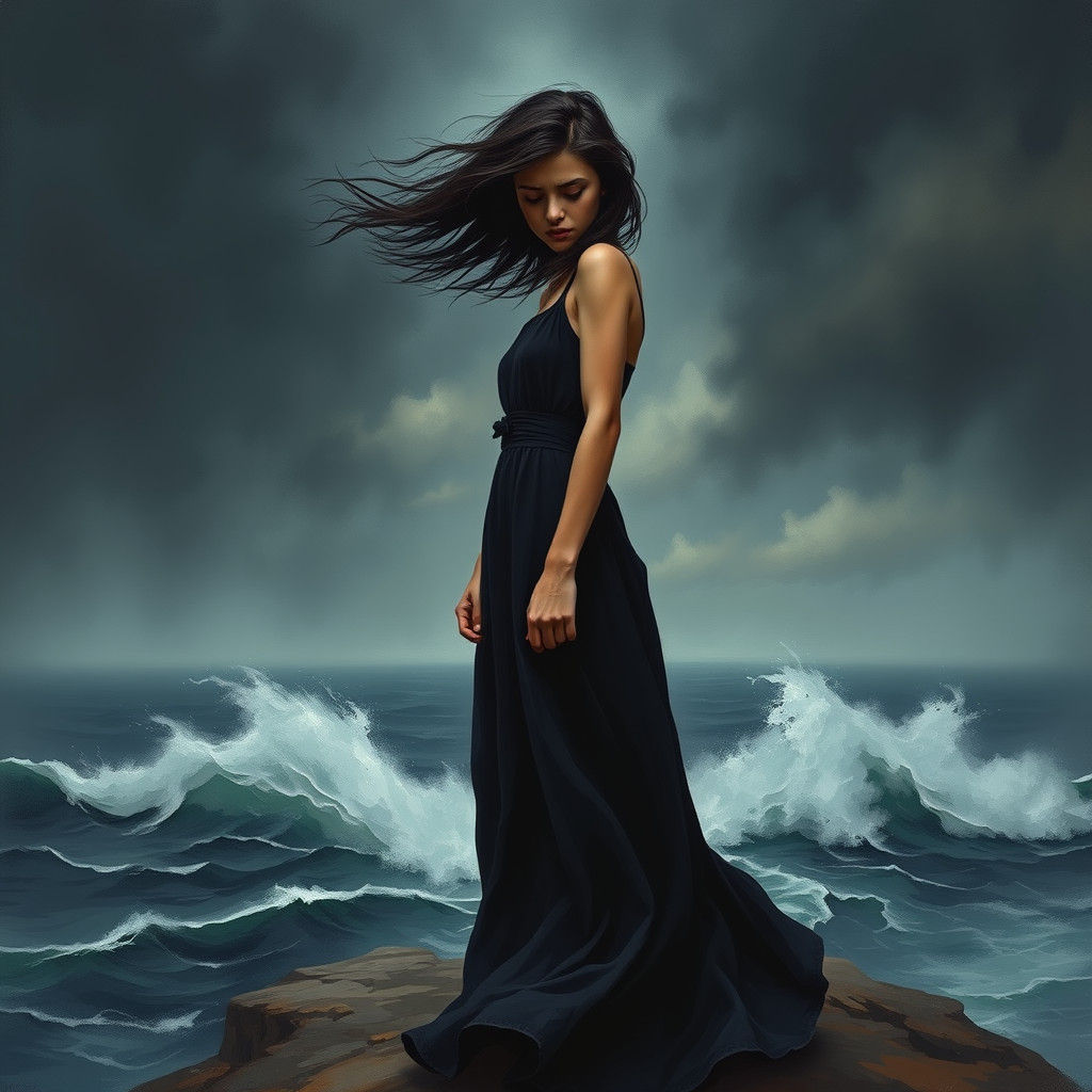 Woman on Windswept Cliff in Dramatic Style