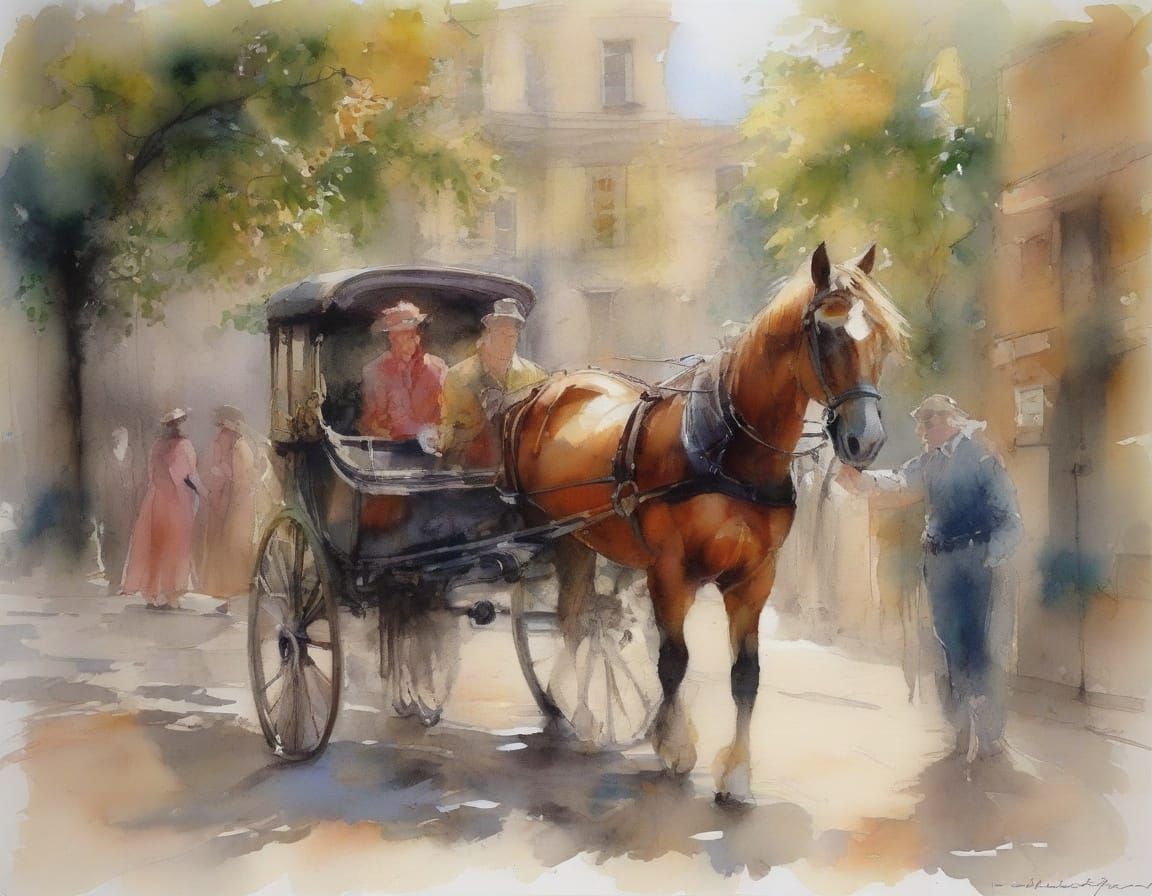 Horse-Drawn Carriage in London as Watercolor