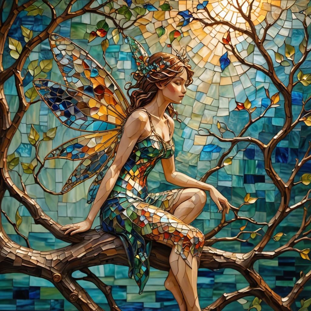 Mosaic Glass Fairy Reflecting Sunlight