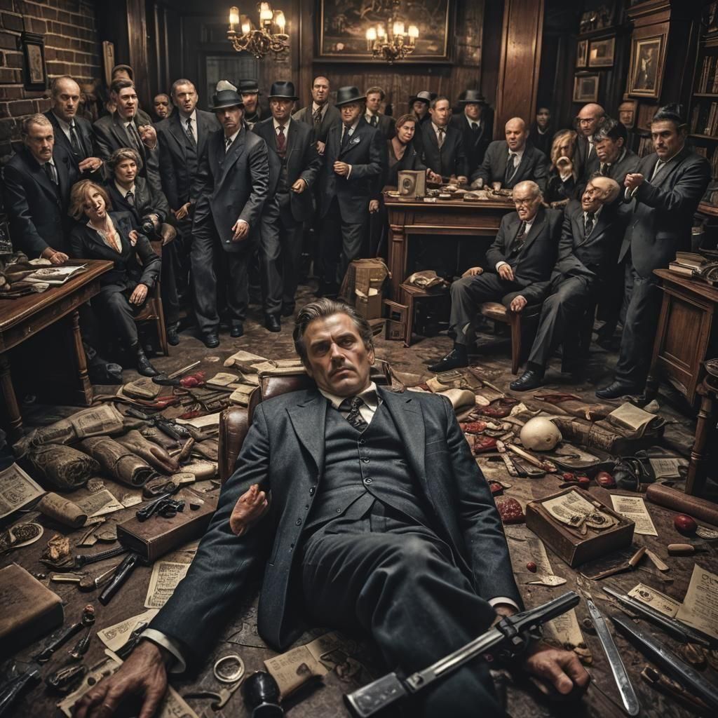 Intricate Murder Mystery Scene in Hyperrealistic Style