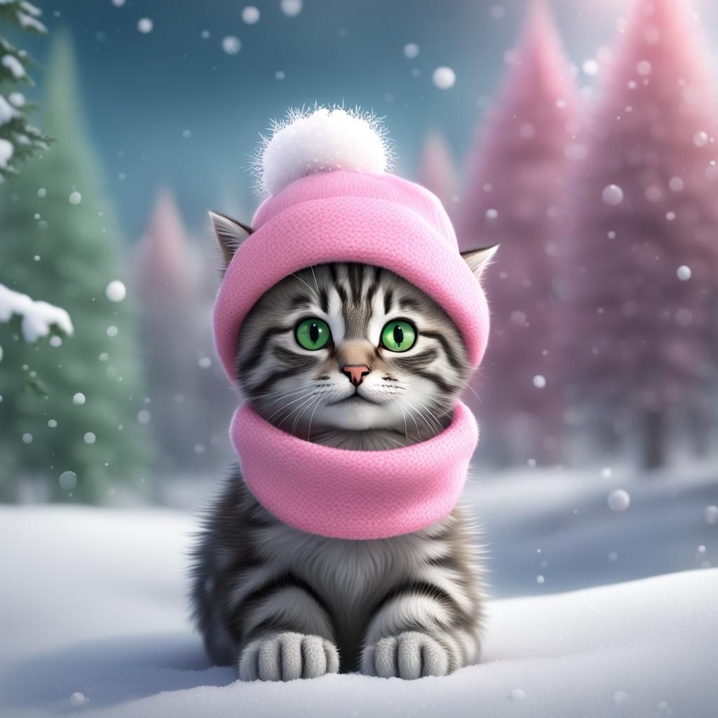 Kitten with Pink Hat in Winter Scene