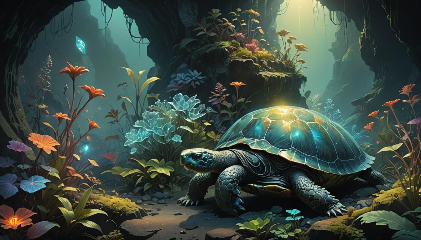 Mystic Crystal Turtle in Dark Cavern: Digital Art