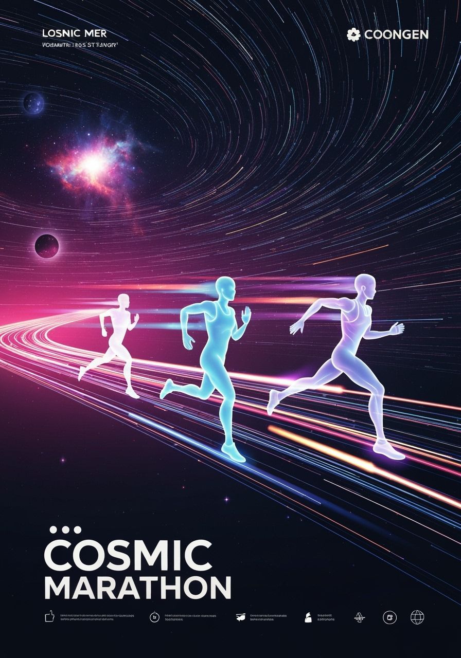 Cosmic Marathon Poster: Swirling Nebulae & Glowing Athletes