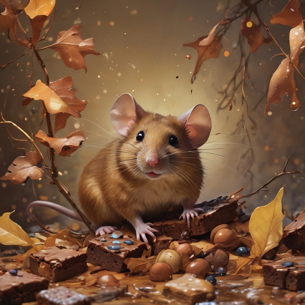 Brown Mouse on Brownies in Oil Gouache Style