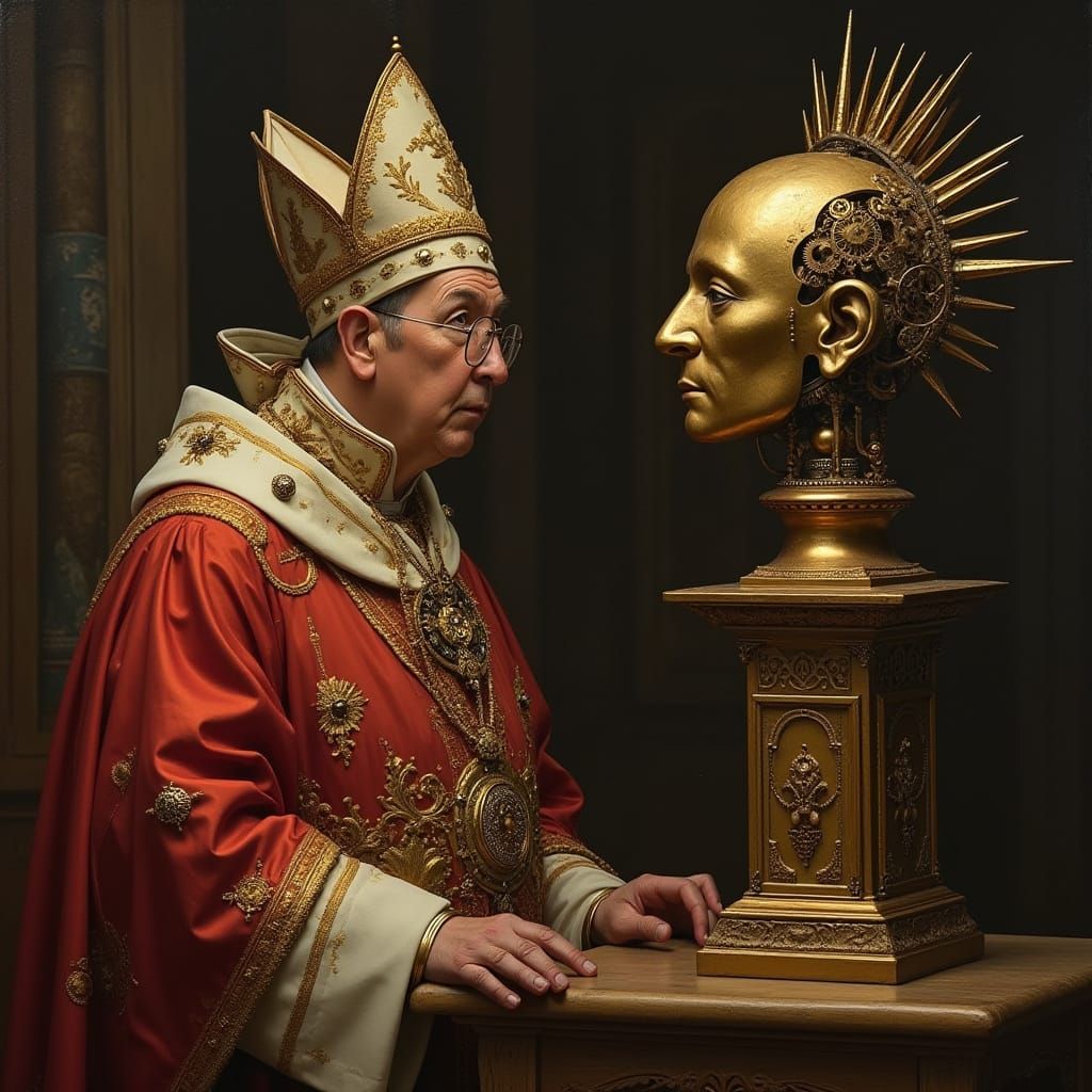 Regal Pope Contemplates Brass Automaton in Baroque-Inspired ...
