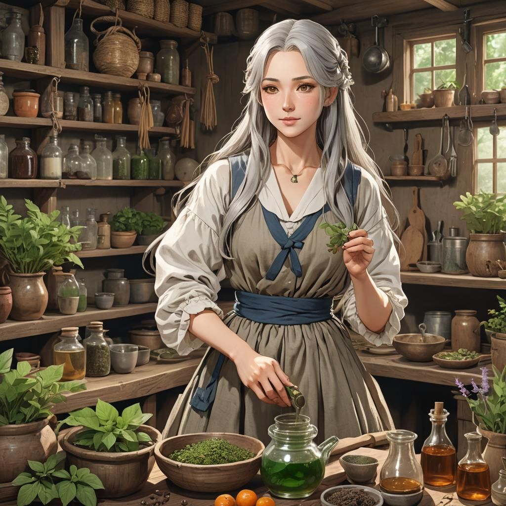 Anime Herbalist in 18th Century Kitchen