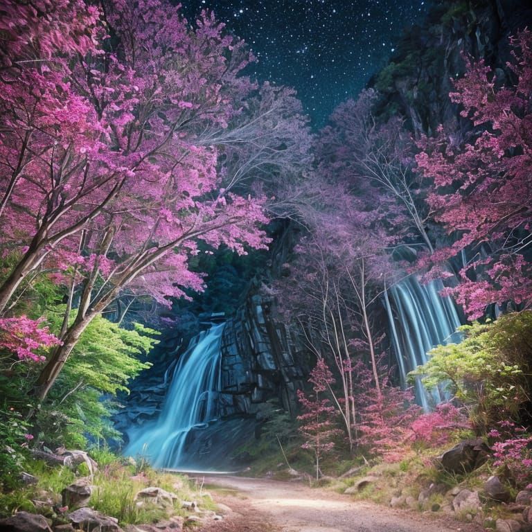 A Cyber-Realistic Night Forest with a Stone Arch and Binary ...