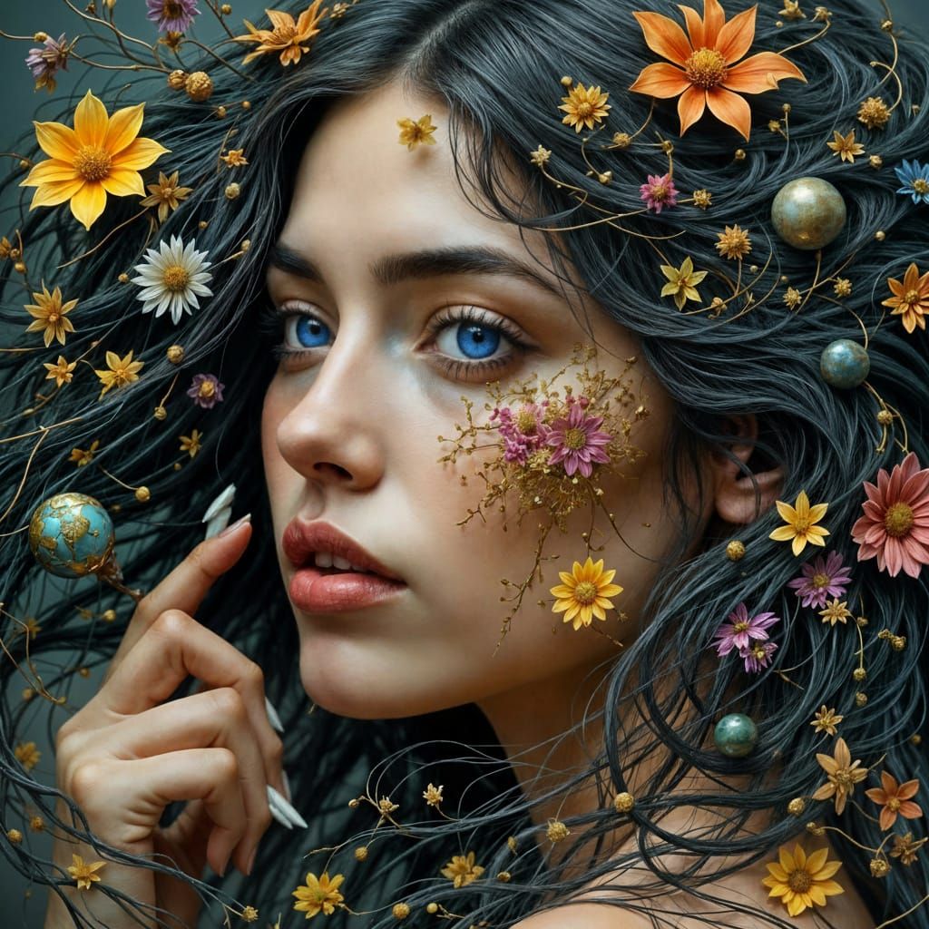 Beautiful Woman with Fantasy Hair as Picture Book Art