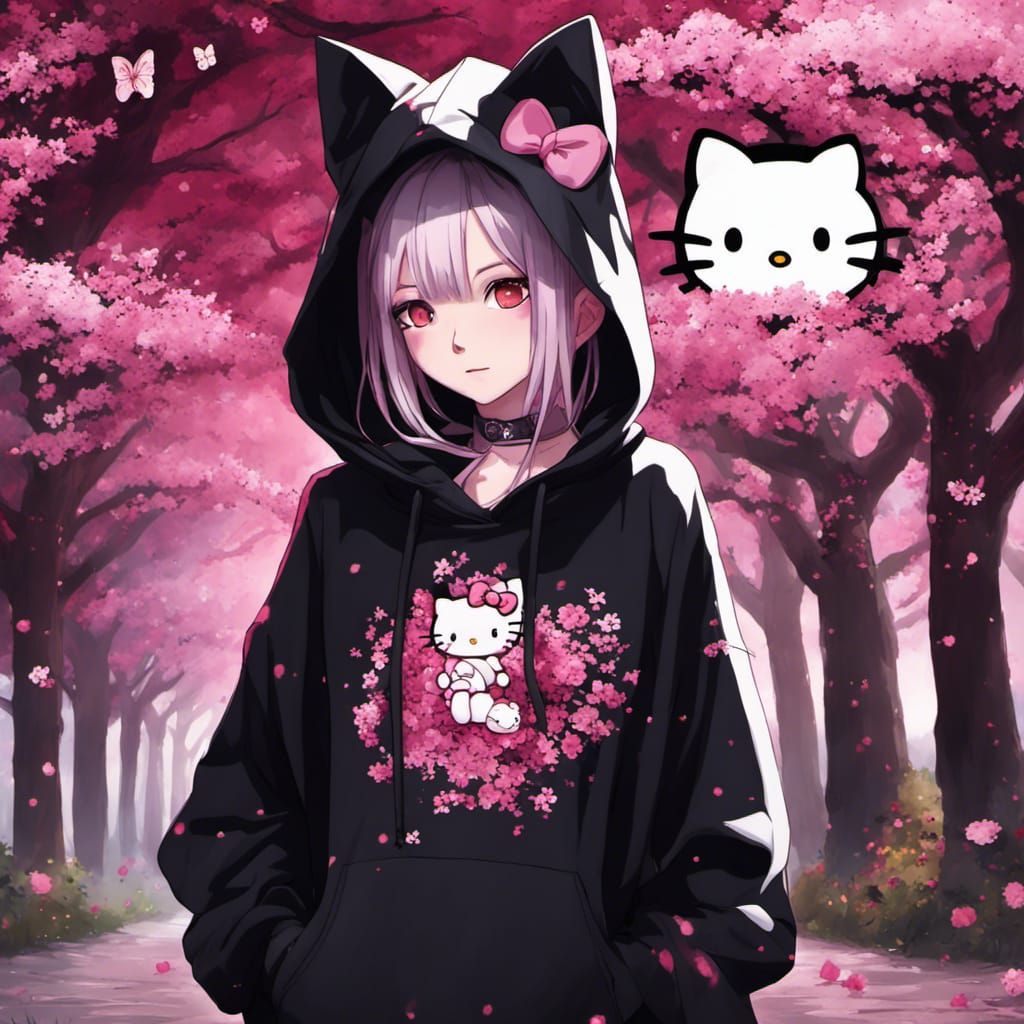Gothic Hello Kitty in Anime Style with Blossoms