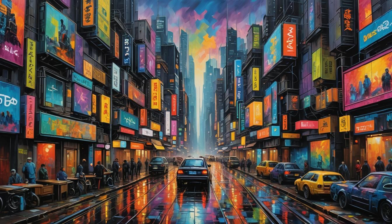 Colorful Cyberpunk Oil Painting in Expressionist Style
