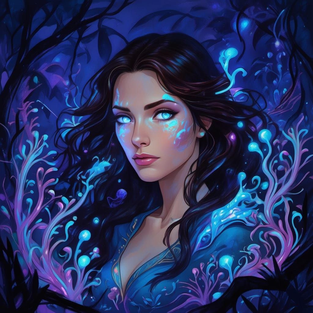 Ethereal Woman in Glowing Jungle at Night