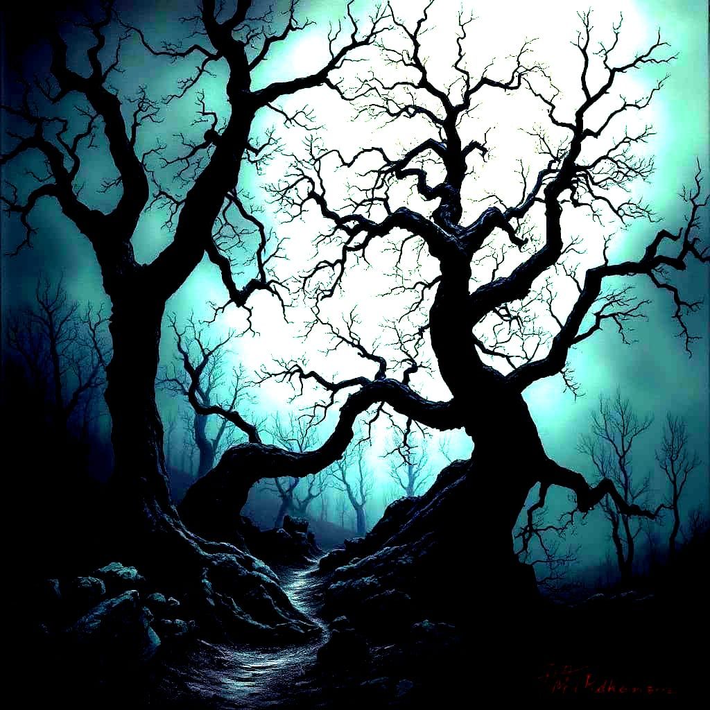 Eerie Dark Landscape Inspired by Etchings and Realism